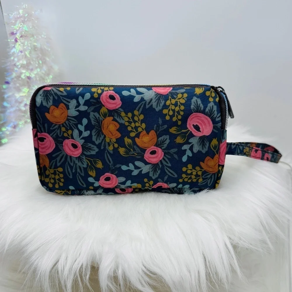 Floral Print Small Purse or Makeup Cosmetic Wristlet Blue 2